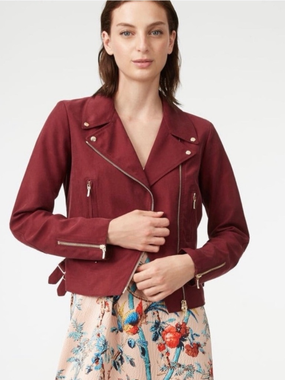 Club Monaco Kapri Moto Jacket Burgundy XS Cropped Biker Full-Zip Lightweight - Picture 1 of 16
